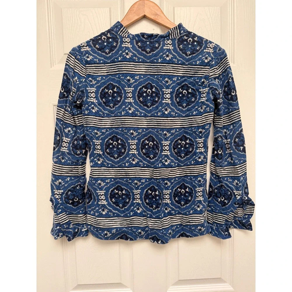 Tory Burch Blue White Medallion Tile Print Split Neck Tunic Top Size 0